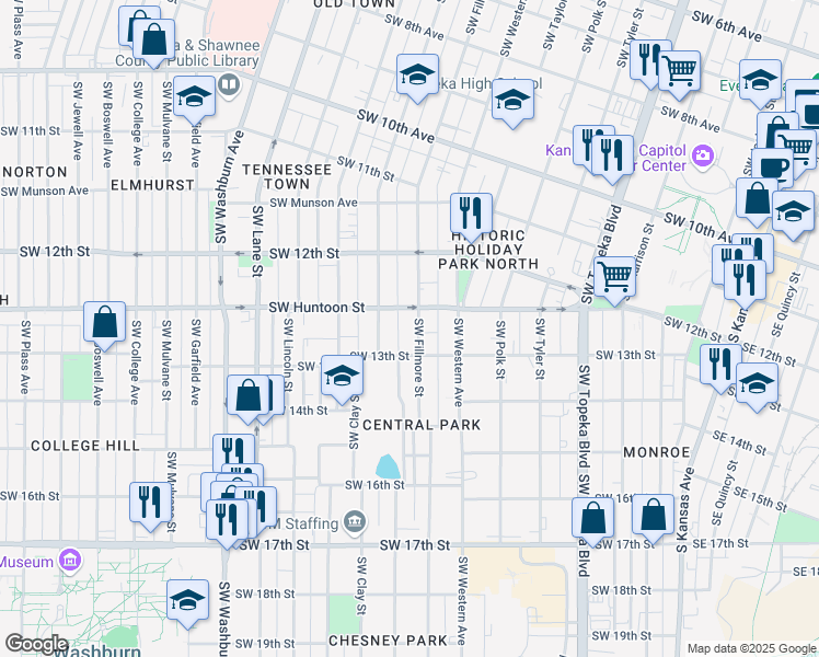 map of restaurants, bars, coffee shops, grocery stores, and more near 1257 Southwest Fillmore Street in Topeka