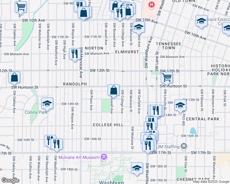 map of restaurants, bars, coffee shops, grocery stores, and more near 1256 Southwest Boswell Avenue in Topeka