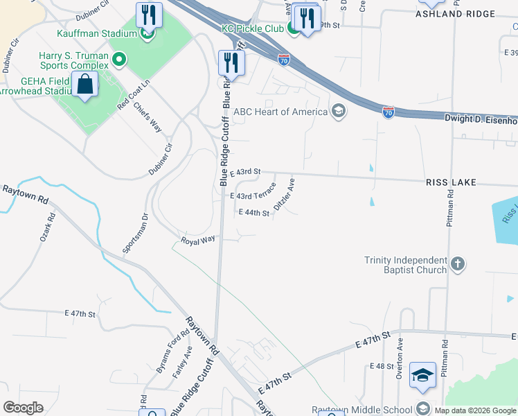 map of restaurants, bars, coffee shops, grocery stores, and more near 9122 East 44th Street in Kansas City