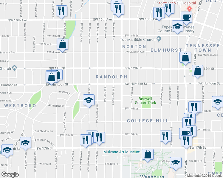 map of restaurants, bars, coffee shops, grocery stores, and more near 1261 Southwest Wayne Avenue in Topeka