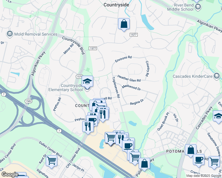 map of restaurants, bars, coffee shops, grocery stores, and more near 2 Berkeley Court in Sterling
