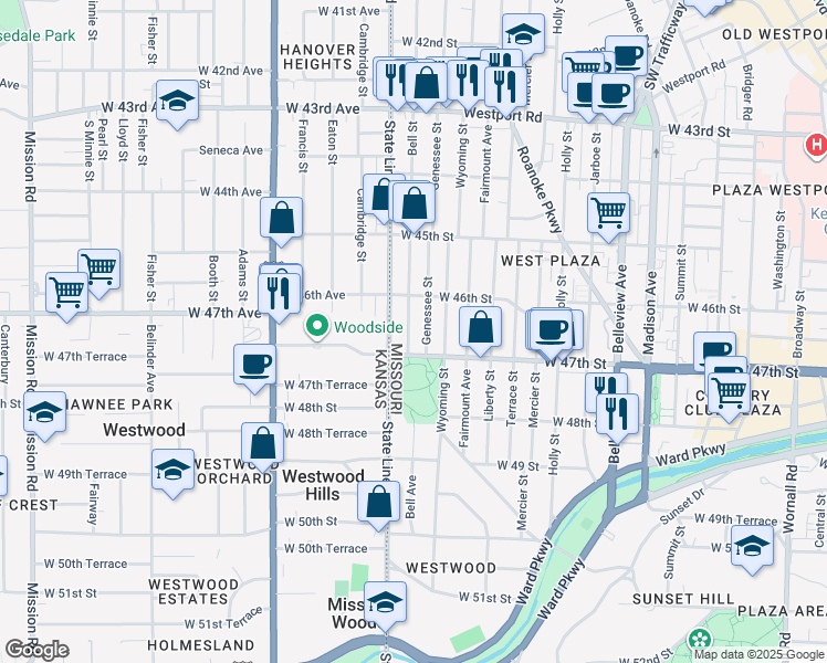 map of restaurants, bars, coffee shops, grocery stores, and more near 4619 Bell Street in Kansas City
