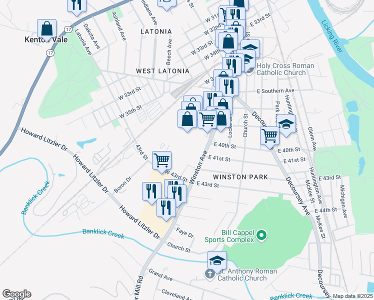 map of restaurants, bars, coffee shops, grocery stores, and more near 4101 Winston Avenue in Covington