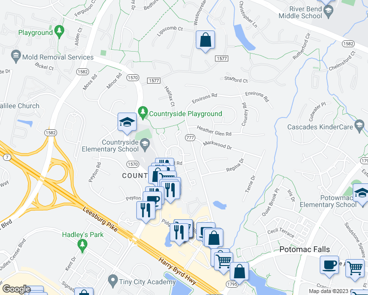 map of restaurants, bars, coffee shops, grocery stores, and more near 2 Berkeley Court in Sterling