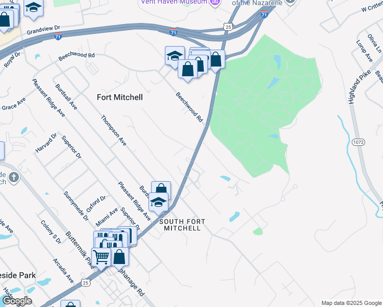 map of restaurants, bars, coffee shops, grocery stores, and more near 1 Woodlawn Ave in Fort Mitchell