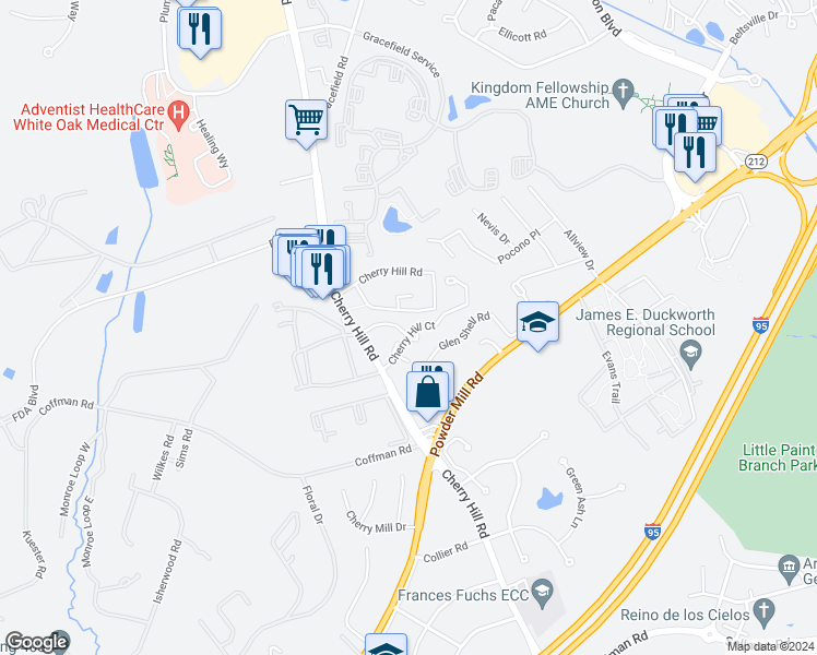 map of restaurants, bars, coffee shops, grocery stores, and more near 3342 Major Denton Drive in Beltsville