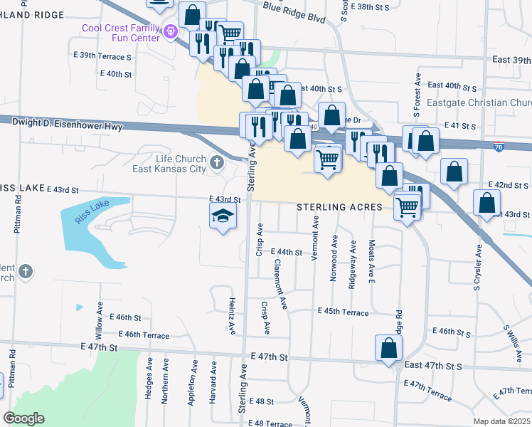map of restaurants, bars, coffee shops, grocery stores, and more near 4315 Sterling Avenue in Kansas City