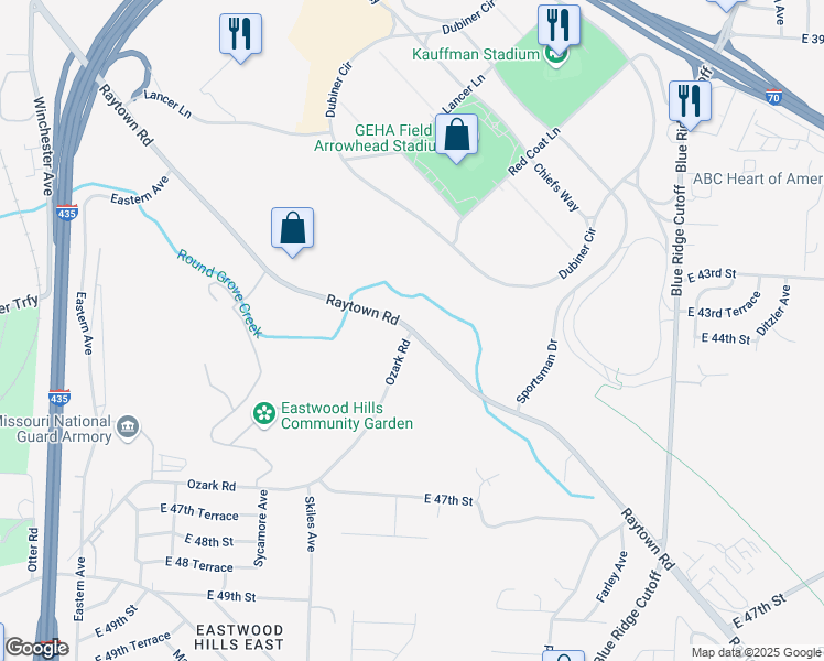 map of restaurants, bars, coffee shops, grocery stores, and more near Raytown Rd & Ozark Rd in Kansas City