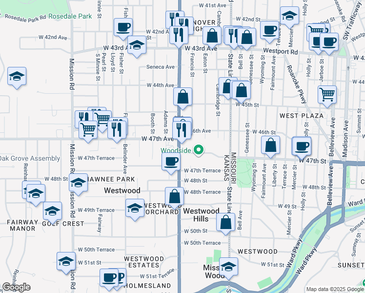 map of restaurants, bars, coffee shops, grocery stores, and more near 2200 West 47th Place in Westwood