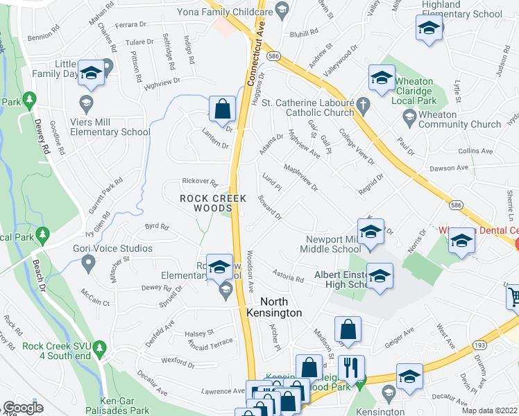 map of restaurants, bars, coffee shops, grocery stores, and more near 11504 Soward Drive in Silver Spring