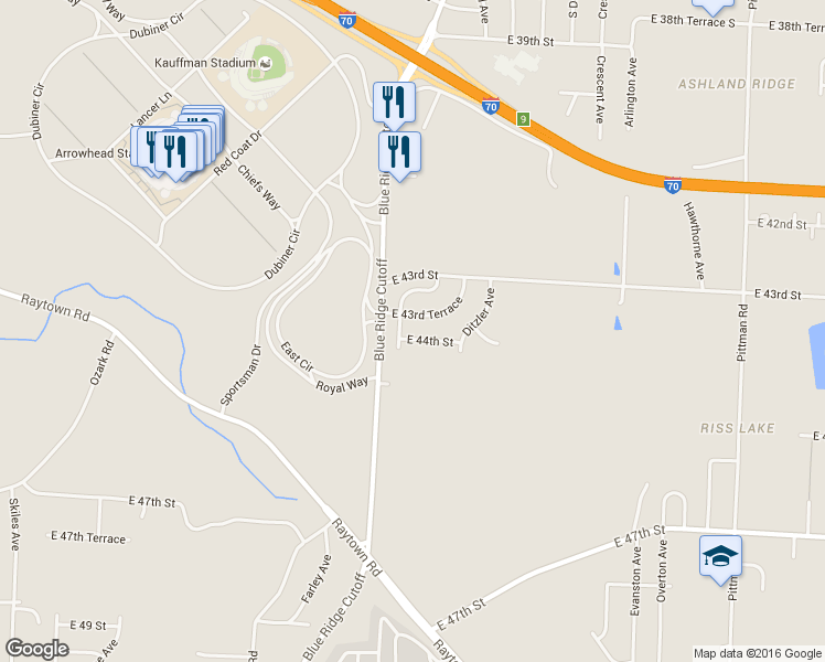 map of restaurants, bars, coffee shops, grocery stores, and more near 9106 East 44th Street in Kansas City