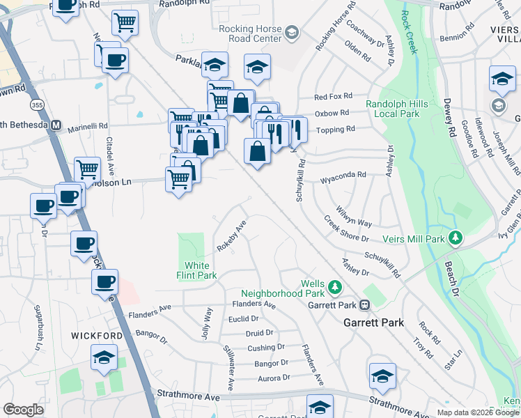 map of restaurants, bars, coffee shops, grocery stores, and more near 11421 Rokeby Avenue in Kensington