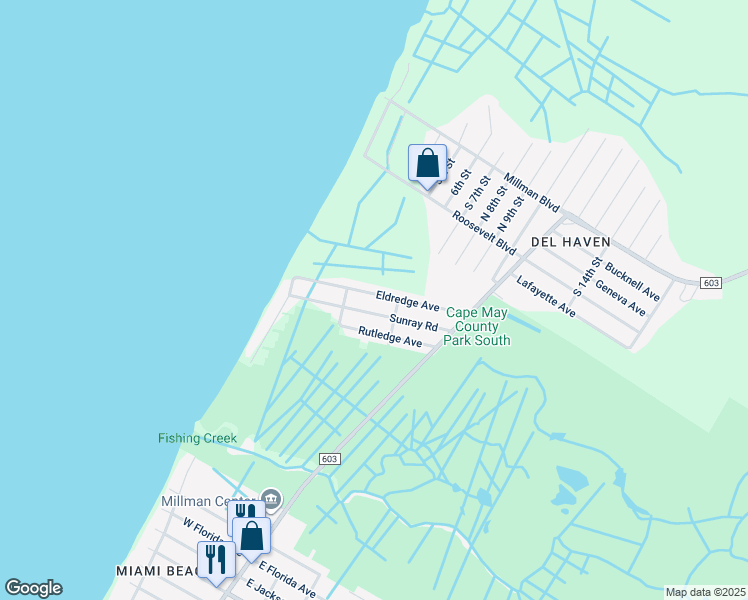 map of restaurants, bars, coffee shops, grocery stores, and more near 109 Eldredge Avenue in Middle Township