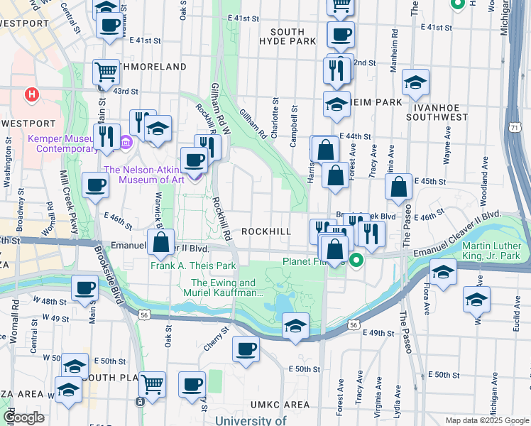 map of restaurants, bars, coffee shops, grocery stores, and more near 4530 Charlotte Street in Kansas City
