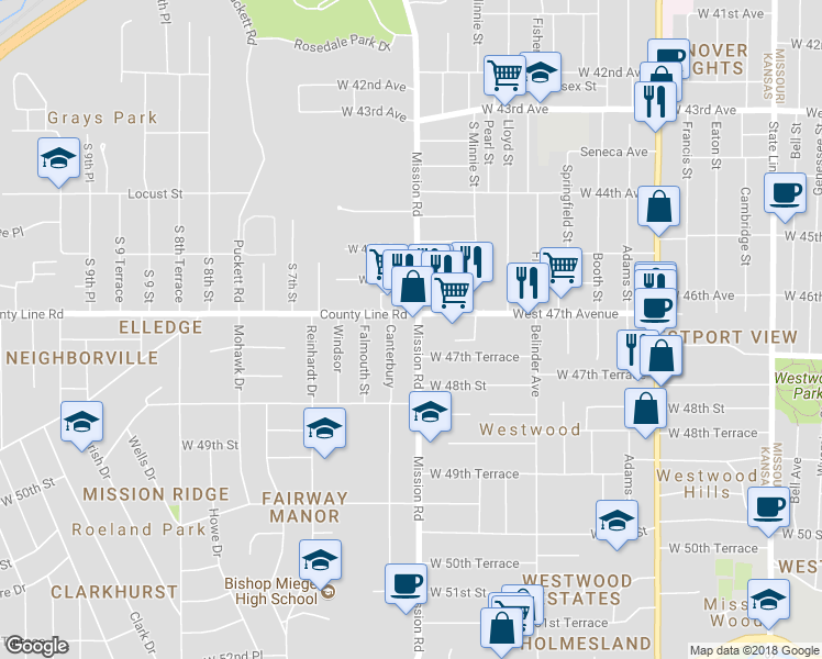 map of restaurants, bars, coffee shops, grocery stores, and more near 4710 Mission Road in Roeland Park
