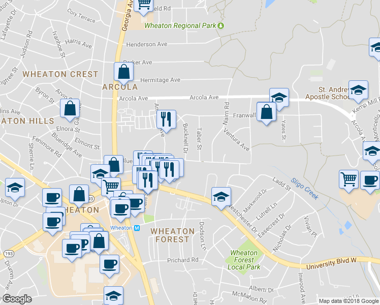 map of restaurants, bars, coffee shops, grocery stores, and more near 11503 Bucknell Drive in Silver Spring