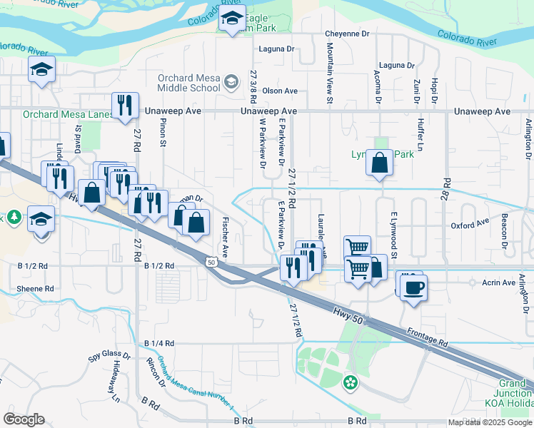 map of restaurants, bars, coffee shops, grocery stores, and more near 266 West Parkview Drive in Grand Junction