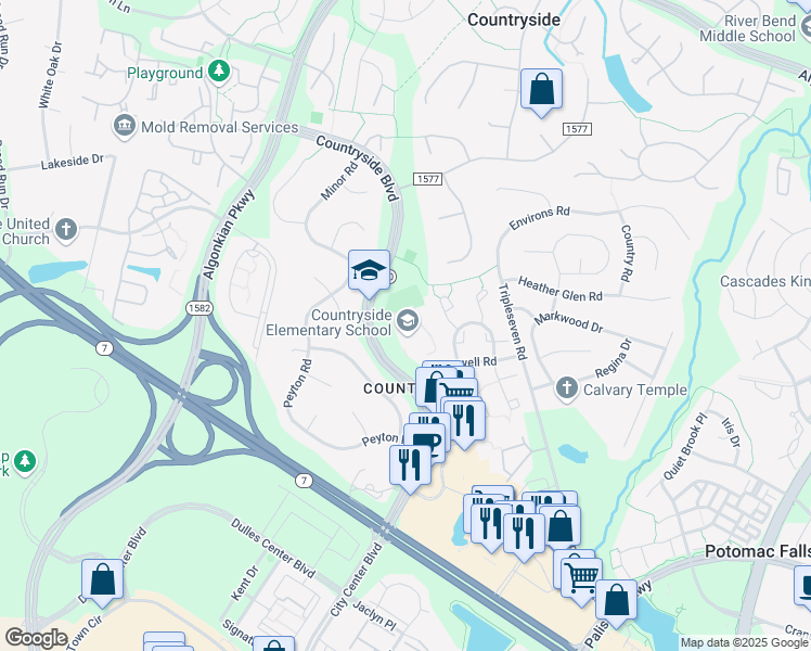 map of restaurants, bars, coffee shops, grocery stores, and more near 20624 Countryside Boulevard in Sterling