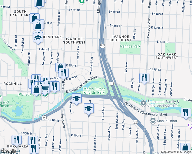 map of restaurants, bars, coffee shops, grocery stores, and more near 1806 Emanuel Cleaver II Boulevard in Kansas City