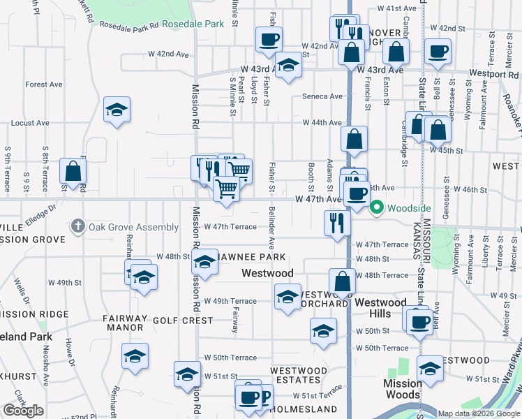 map of restaurants, bars, coffee shops, grocery stores, and more near 4710 Belinder Avenue in Westwood