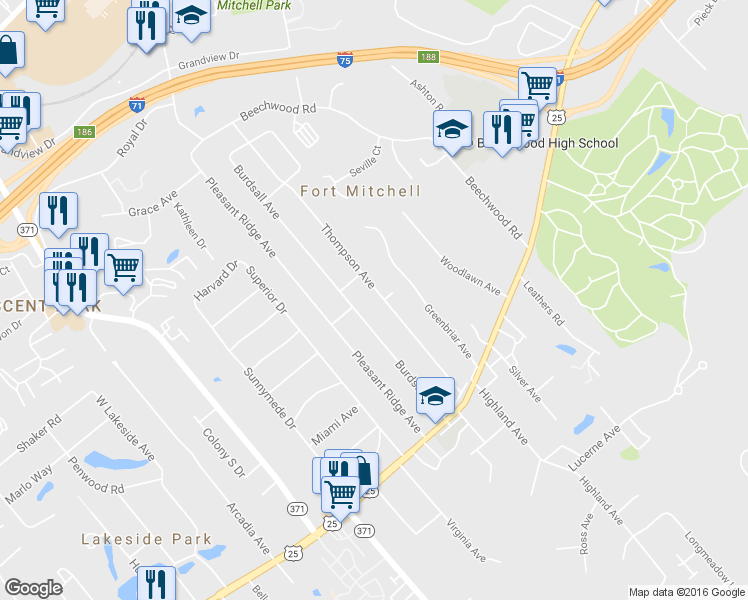 map of restaurants, bars, coffee shops, grocery stores, and more near 59 Thompson Avenue in Fort Mitchell