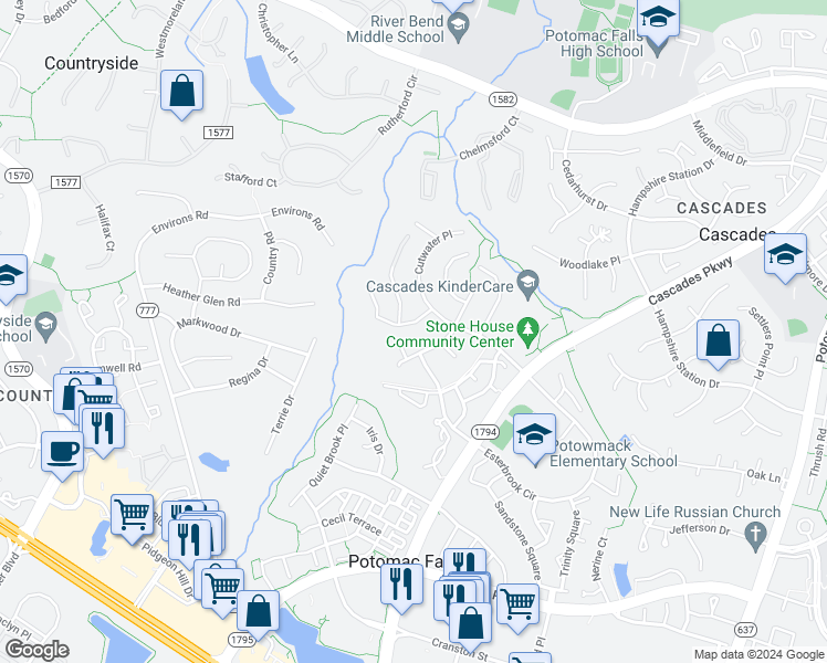 map of restaurants, bars, coffee shops, grocery stores, and more near 46243 Riverland Place in Sterling