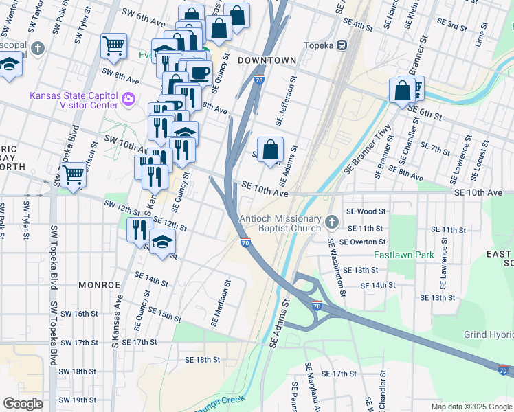 map of restaurants, bars, coffee shops, grocery stores, and more near 1018 Southeast Jefferson Street in Topeka