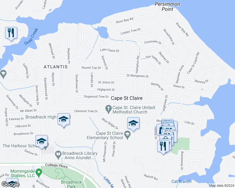map of restaurants, bars, coffee shops, grocery stores, and more near 1195 Summit Drive in Annapolis