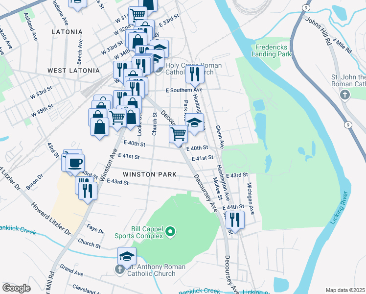 map of restaurants, bars, coffee shops, grocery stores, and more near 3938 Decoursey Avenue in Covington