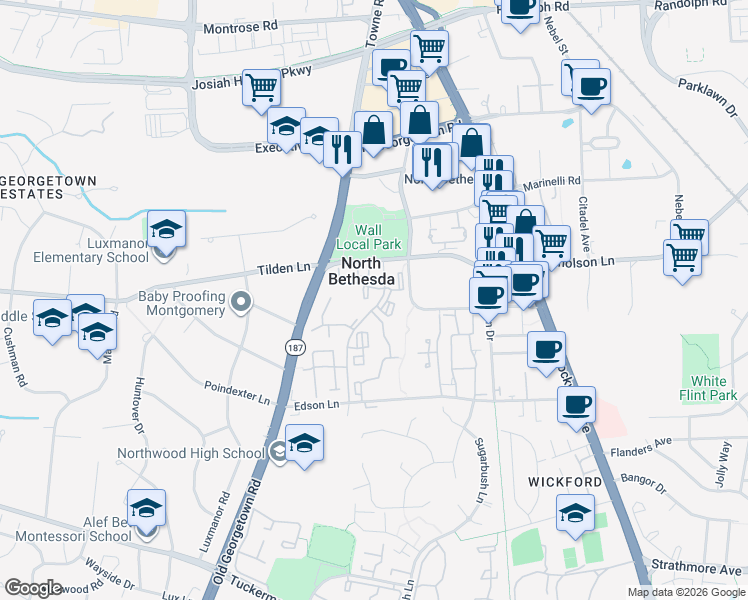 map of restaurants, bars, coffee shops, grocery stores, and more near 5808 Tudor Lane in Rockville