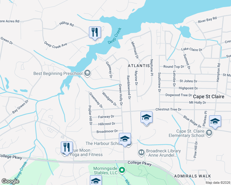 map of restaurants, bars, coffee shops, grocery stores, and more near 795 Windgate Drive in Annapolis