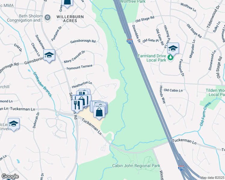 map of restaurants, bars, coffee shops, grocery stores, and more near 7526 Coddle Harbor Lane in Rockville