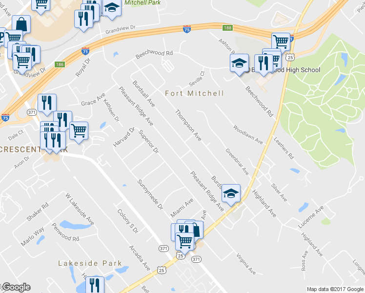 map of restaurants, bars, coffee shops, grocery stores, and more near 71 Burdsall Avenue in Fort Mitchell