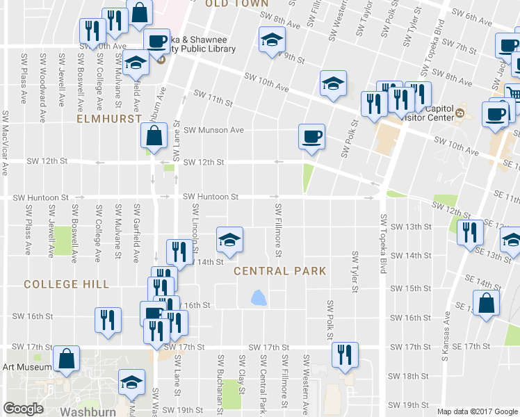 map of restaurants, bars, coffee shops, grocery stores, and more near 1255 Southwest Clay Street in Topeka