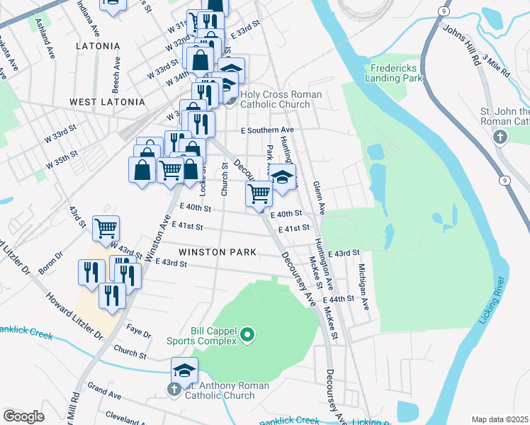 map of restaurants, bars, coffee shops, grocery stores, and more near 3938 Decoursey Avenue in Covington