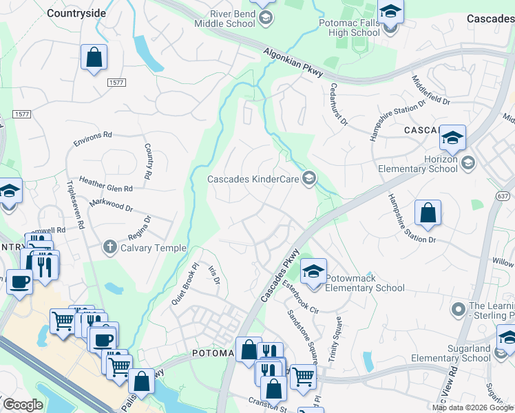 map of restaurants, bars, coffee shops, grocery stores, and more near 20663 Cutwater Place in Sterling