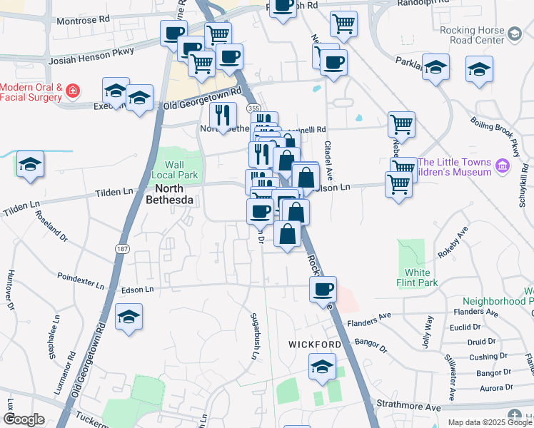 map of restaurants, bars, coffee shops, grocery stores, and more near 11333 Woodglen Drive in Rockville