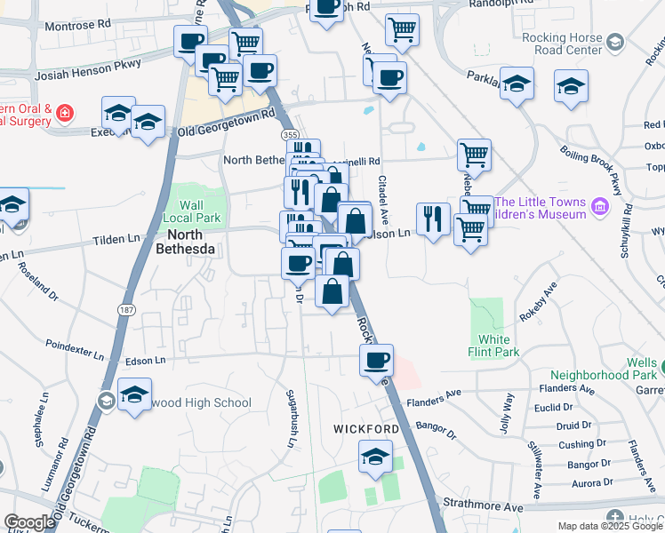 map of restaurants, bars, coffee shops, grocery stores, and more near 11420 Maryland 355 in North Bethesda