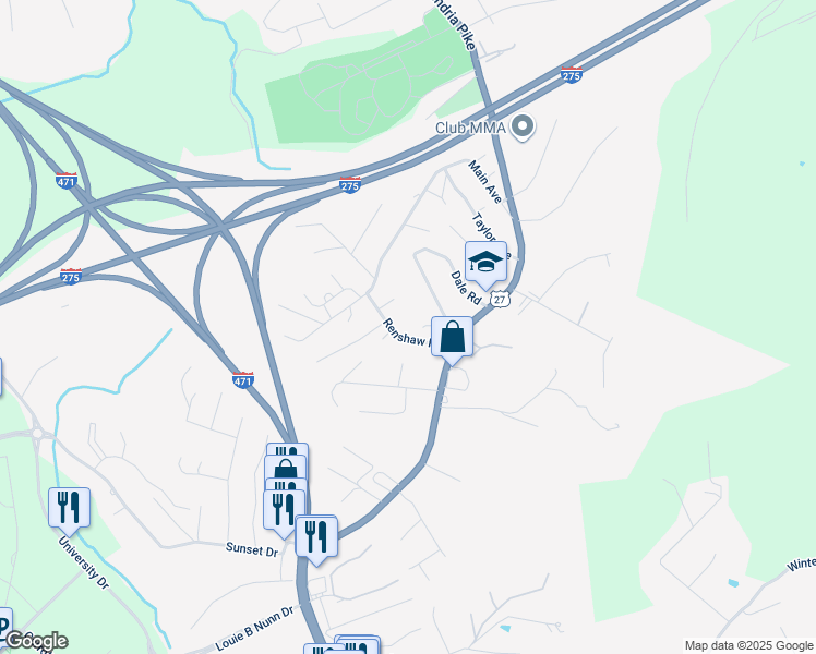 map of restaurants, bars, coffee shops, grocery stores, and more near 23 Renshaw Road in Highland Heights