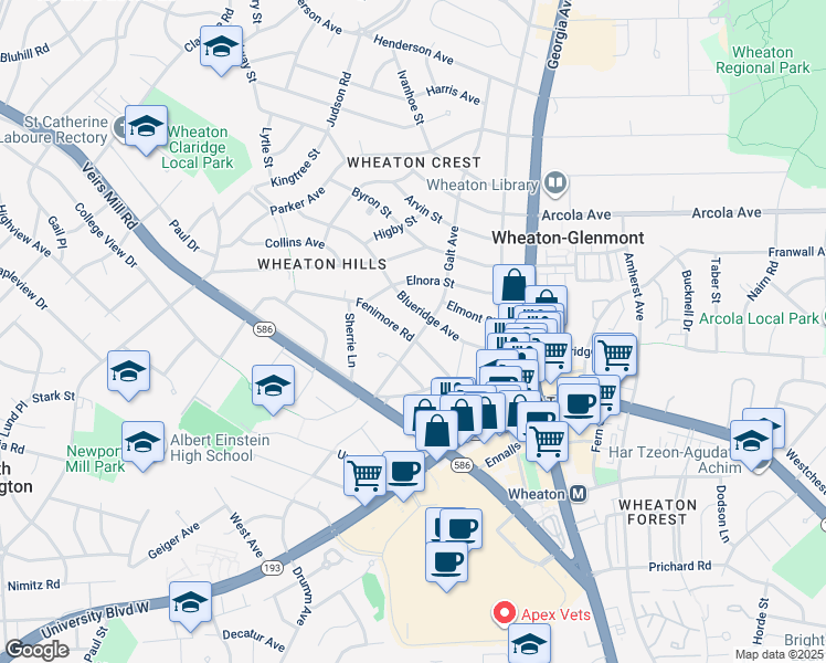map of restaurants, bars, coffee shops, grocery stores, and more near 2701 Fenimore Road in Silver Spring