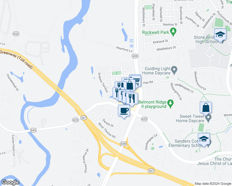 map of restaurants, bars, coffee shops, grocery stores, and more near 42747 Eildon Terrace in Ashburn