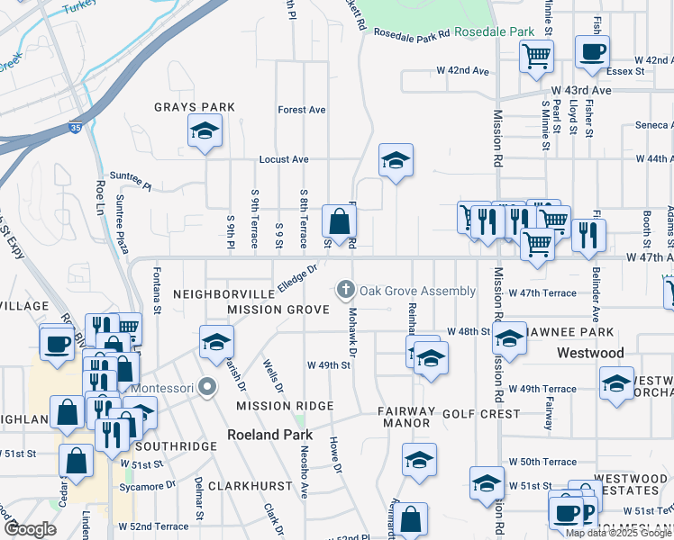 map of restaurants, bars, coffee shops, grocery stores, and more near 3805 West 47th Street in Roeland Park