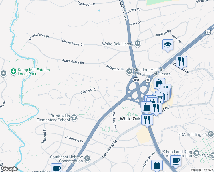 map of restaurants, bars, coffee shops, grocery stores, and more near 11368 Baroque Road in Silver Spring