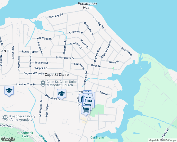 map of restaurants, bars, coffee shops, grocery stores, and more near 1195 Highview Drive in Annapolis