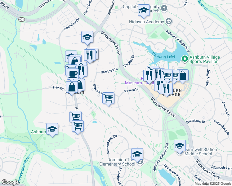map of restaurants, bars, coffee shops, grocery stores, and more near 20698 Tally Ho Court in Ashburn