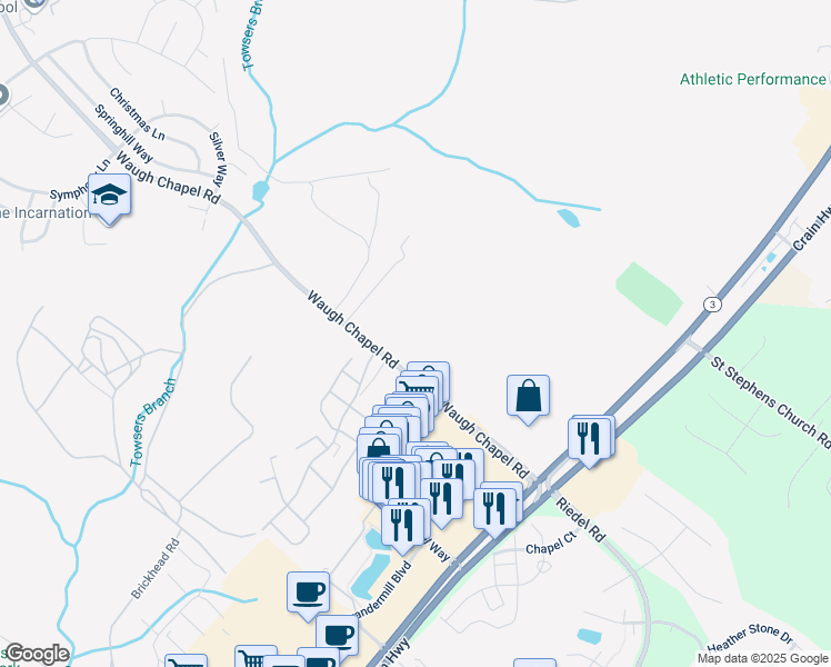 map of restaurants, bars, coffee shops, grocery stores, and more near 1219 Waugh Chapel Rd in Gambrills