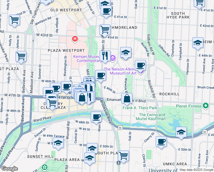 map of restaurants, bars, coffee shops, grocery stores, and more near 32 East 46th Street in Kansas City