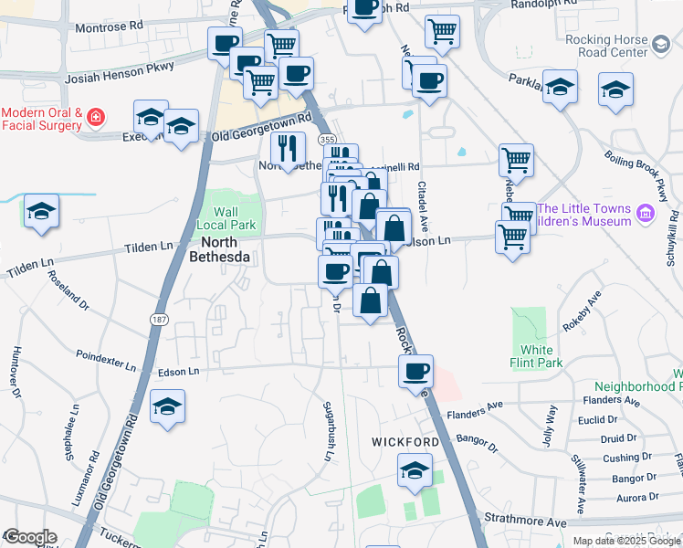 map of restaurants, bars, coffee shops, grocery stores, and more near 11333 Woodglen Drive in Rockville