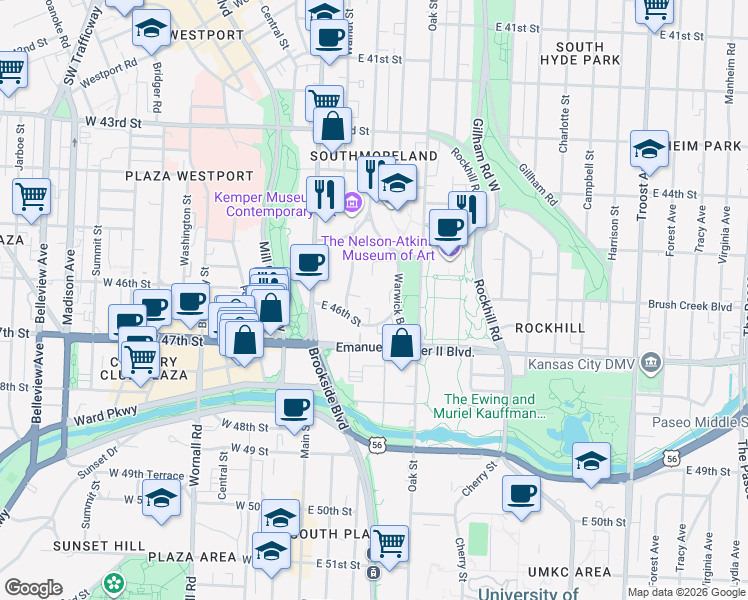 map of restaurants, bars, coffee shops, grocery stores, and more near 4550 Warwick Boulevard in Kansas City