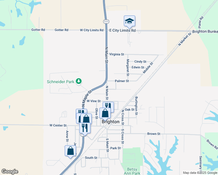 map of restaurants, bars, coffee shops, grocery stores, and more near 501 North Main Street in Brighton